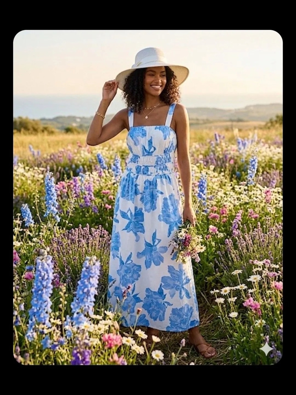 Sim & Sam Smocked Floral Maxi Dress in Blue